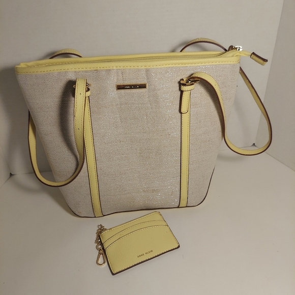 Ann Klein Beige & Yellow Tote Bag Purse Shoulder Bag Metallic Canvas w Wallet - Picture 1 of 14